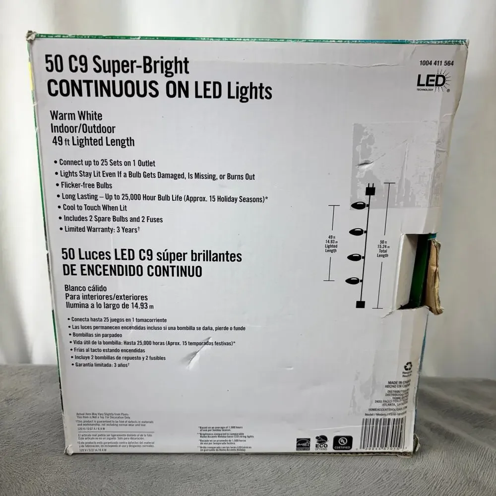 Super Bright LED Warm White 50 C-9 Christmas String Lights 49 Ft. Continuous On